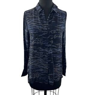SEED Black Gray 8 Shirt Silk Tiger Print Long Sleeve Button-Up Collar Regular